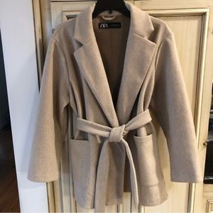 Zara Belted Tie Coat Jacket Marl Sand